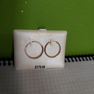 Full Diamond Cut Round Hoop Earrings Real 10K Yellow Gold Endless Hoops - Picture 1 of 4