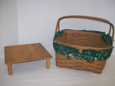 LONGABERGER 1986 PICNIC Cake PIE Basket w/RISER, Swing HANDLES & Floral GARTER Cover