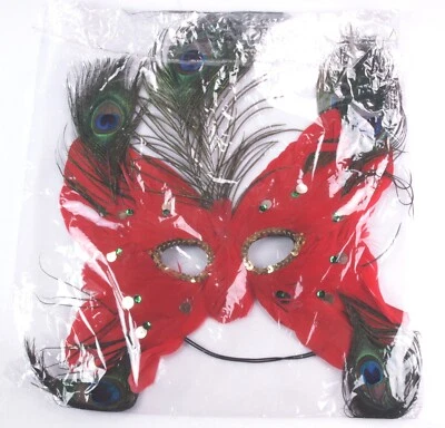 Red with Peacock Feathers Mardi Gras Carnival Mask - Image 1 of 4