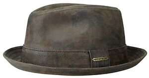 STETSON Leather Pork Pie Hat Hats Player Radcliff 63 Braun Antique S - XXL New