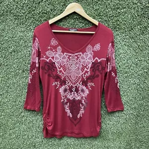 Vanilla Sugar Womens Sz Medium Y2K Red V-Neck Graphic Top Blouse Shirt Floral - Picture 1 of 9