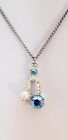Faux Pearl Crystal Rhinestone Silver Tone Pendant Chain Vintage Necklace