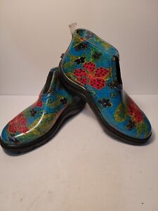 SLOGGERS Womens Size 8 Blue floral  Rain Garden Rubber ankle Booties  Shoes