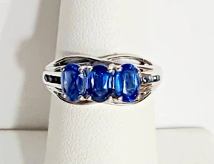 Blue Kyanite and Sapphire 3 Stone Trilogy Ring S. Silver Platinum Overlay Size 6 - Picture 1 of 8