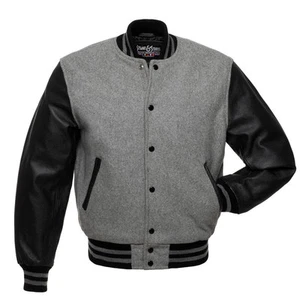 Stewart & Strauss Premium Grey Wool & Black Leather Varsity Bomber Jacket - Picture 1 of 6