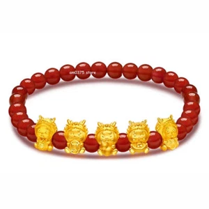 999 24k Yellow Gold Bracelet For Women Zodiac Dragon Baby Red Agate Beads - Picture 1 of 5