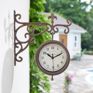 York Station Vintage Bronze Style Wall Garden Double Sided Clock & Thermometer - Picture 1 of 3