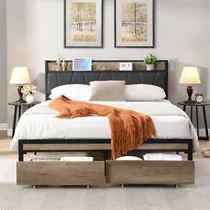 FULL Size Metal Platform Bed Frame with upholstery storage function Headboard - Picture 1 of 14