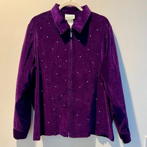 Quacker Factory Purple Jacket 1X Women's Velvet Rhinestone Zip Up Brooch Extra - Picture 1 of 12