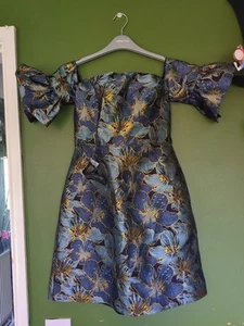 TOP SHOP BEAUTIFUL BLUE GOLD METALLIC FLORAL Shoulder DRESS SIZE 10 BNWT NEW £69 - Picture 1 of 15