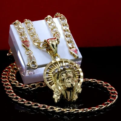 Colgante Gargantilla Cubana 20" Halo Cara Jesús Resucitado Chapado en Oro 14k Dije Cadena 212 Foto 1 de 4