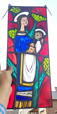 Antique Stained glass window panel madonna child jesus religious art - Image 1 of 4