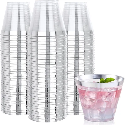 240 PCS Silver Plastic Cups - 9Oz Silver Rimmed Plastic Cups - Heavy Duty Plasti - Image 1 of 4