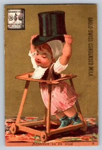 1890s Victorian Trade Card Anglo Swiss Condensed Milk Baby Putting on a Top Hat - Bild 1 von 2