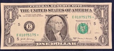 Rare One Dollar Bill Star Note 2017 Richmond $1 United States Federal Reserve - Image 1 of 2