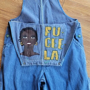 Liberty Overalls Bibs Men 32x30 Blue Denim Jeans Hand Painted Lauryn Hill Fugees - Picture 1 of 9