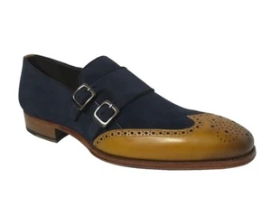 Mezlan Men's Birbeck Monk Strap Camel/Azul Leather/Suede Dress Shoes 18308 - Picture 1 of 5