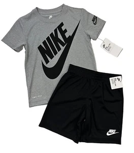 Nike NWT Boys Size 6 NIKE Logo Gray T Shirt Black Shorts 2 Piece Set Outfit - Picture 1 of 3