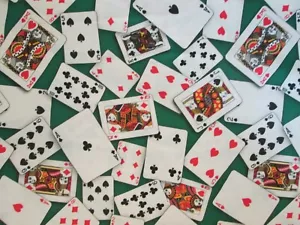 DECK OF CARDS PLAYING CARD SUITS GAMES CHANCE GREEN COTTON FABRIC BTHY - Picture 1 of 6