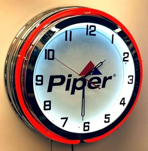 Piper Aircraft Airplane Sign 19" Double Neon Clock Red Neon Chrome Finish - Picture 1 of 2