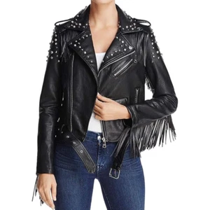 Women's Real Leather Notch Lapel Collar Punk Studded Spikes Brando Jacket Black - Picture 1 of 4