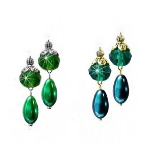 Earrings Green or Teal Green crystal double drop, choose Clip on or Pierced - Picture 1 of 7