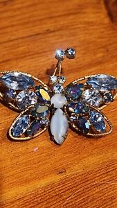 Regency Jewels Gold Ab Rhinestone Glass Cabochon Butterfly Brooch Pin Vintage