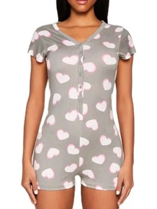 Love To Sleep Pajama Romper Gray Pink & White Hearts Loungewear Size Med-Large - Picture 1 of 8