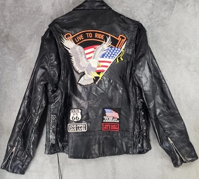 Diamond Plate Buffalo Leather Jacket Mens XL Black Patchwork Biker Motorcycle - Image 1 of 4
