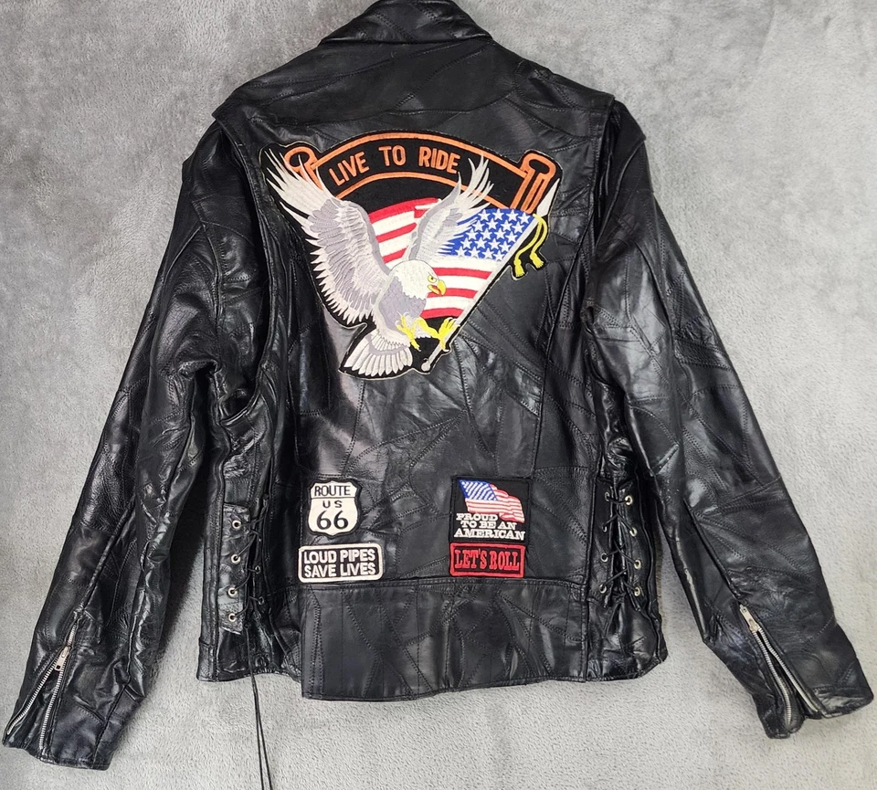 Diamond Plate Buffalo Leather Jacket Mens XL Black Patchwork Biker Motorcycle - Image 1 of 4