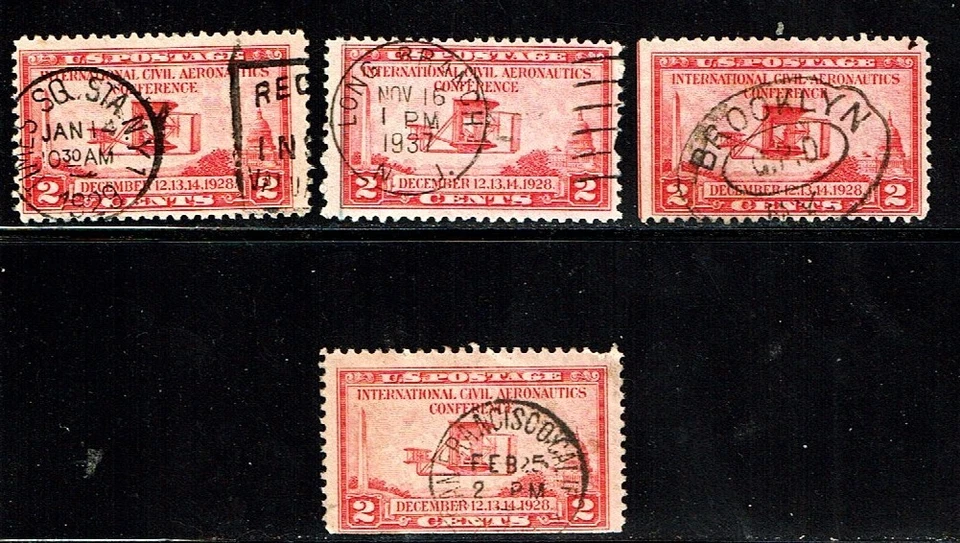 1928 U.S. Classic 2c Carmine AERONAUTICALS  Lot of 4 Sc#649 Used GREAT CITY PMs - Image 1 of 1