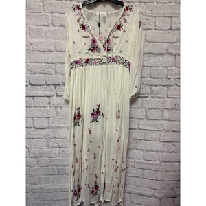 Chicwish White Floral Embroidered Long Sleeve Maxi Dress V-Neck Lace Up Tie SZ L - Picture 1 of 5