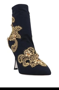 Dolce & Gabbana Neu im Karton Barock Stickerei Gold Spitze Schwarz Schuhe Stiefeletten 9 - Bild 1 von 7