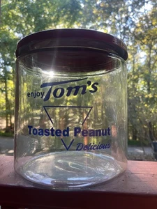 Vintage Style Tom's Toasted Peanuts Advertising Jar BLUE Letter w/ Red Metal Lid - Picture 1 of 3