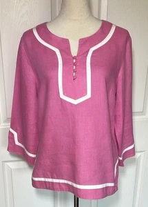 JM Collection Pink & White 100% Linen Tunic Top Size 12 Petite - Picture 1 of 8