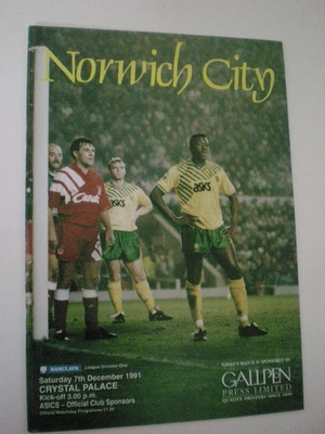 NORWICH CITY v CRYSTAL PALACE,  7th DECEMBER 1991,  MINT CONDITION. - Image 1 of 2