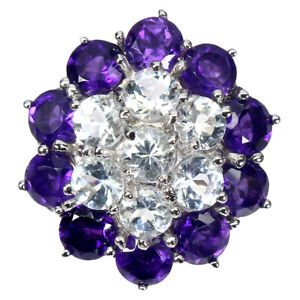 Unheated Round Aquamarine Amethyst White Gold Plate 925 Sterling Silver Ring 7