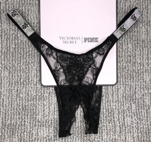 Victoria's Secret Very Sexy NWT Medium Black Lace Crotchles Brazilian Panty Logo - Picture 1 of 11