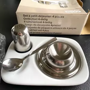 Egg Cup, Spoon, Salt Shaker, Stainless Porcelain Tray New 4 pc BREAKFAST SETS X2 - Picture 1 of 4