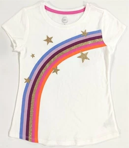 Rainbow Shirt Girls Small 6-6X White Gold Glitter Stars Short Sleeve T-Shirt - Picture 1 of 4