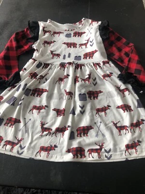 Vestido de Navidad Buffalo a Cuadros Volantes Niñas Hecho a Mano Ciervo Alce Oso Talla 4T Foto 1 de 4