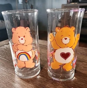 Vintage 1983 Care Bears Pizza Hut Glasses Set Of 2, Tenderheart And Cheer Bear - Picture 1 of 6
