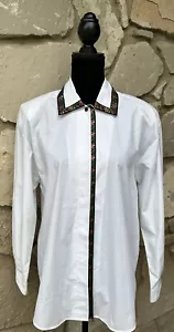 Vintage Y2K Blithe Spirit Blouse Size 10 L White Long Sleeve Floral Trim Exc - Picture 1 of 8