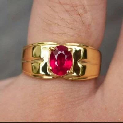GDGL Certified Solitaire Men's Ring 2Ct Oval Natural Red Ruby In 14k Yellow Gold - Image 1 of 4
