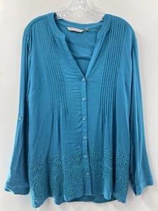 Blusa azul con ojales abotonados manga lengüeta enrollable Soft Surroundings para mujer talla M - Imagen 1 de 8