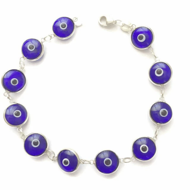 Evil Eye Sterling Silver Bracelet Blue Turkish Good Luck Beads 10mm Gift For Her - Image 1 of 1