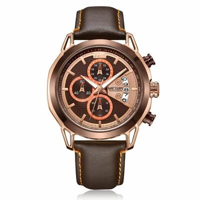 MEGIR Men's Watches Quartz Movement Silver Alloy Case Leather Band Brown 2071 - Image 1 of 4