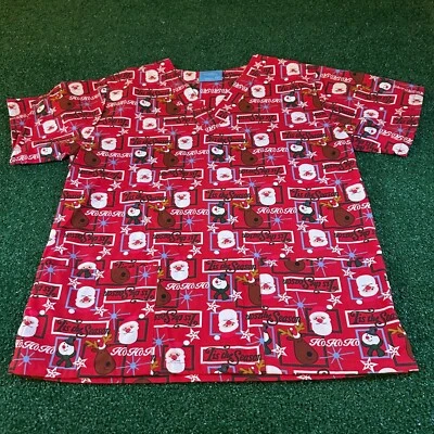 The Scrub Co. Christmas Scrub Top Santa Reindeer Holiday Print Retro Mens Large - Image 1 of 4