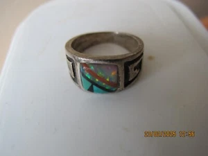 The vintage opal and turquoise sterling silver ring 6.24g. ring size 7 - Picture 1 of 4