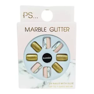 Marble Gold Glitter False Nails – Nail Art Extensions with 2g Glue Tube Primark - Picture 1 of 4